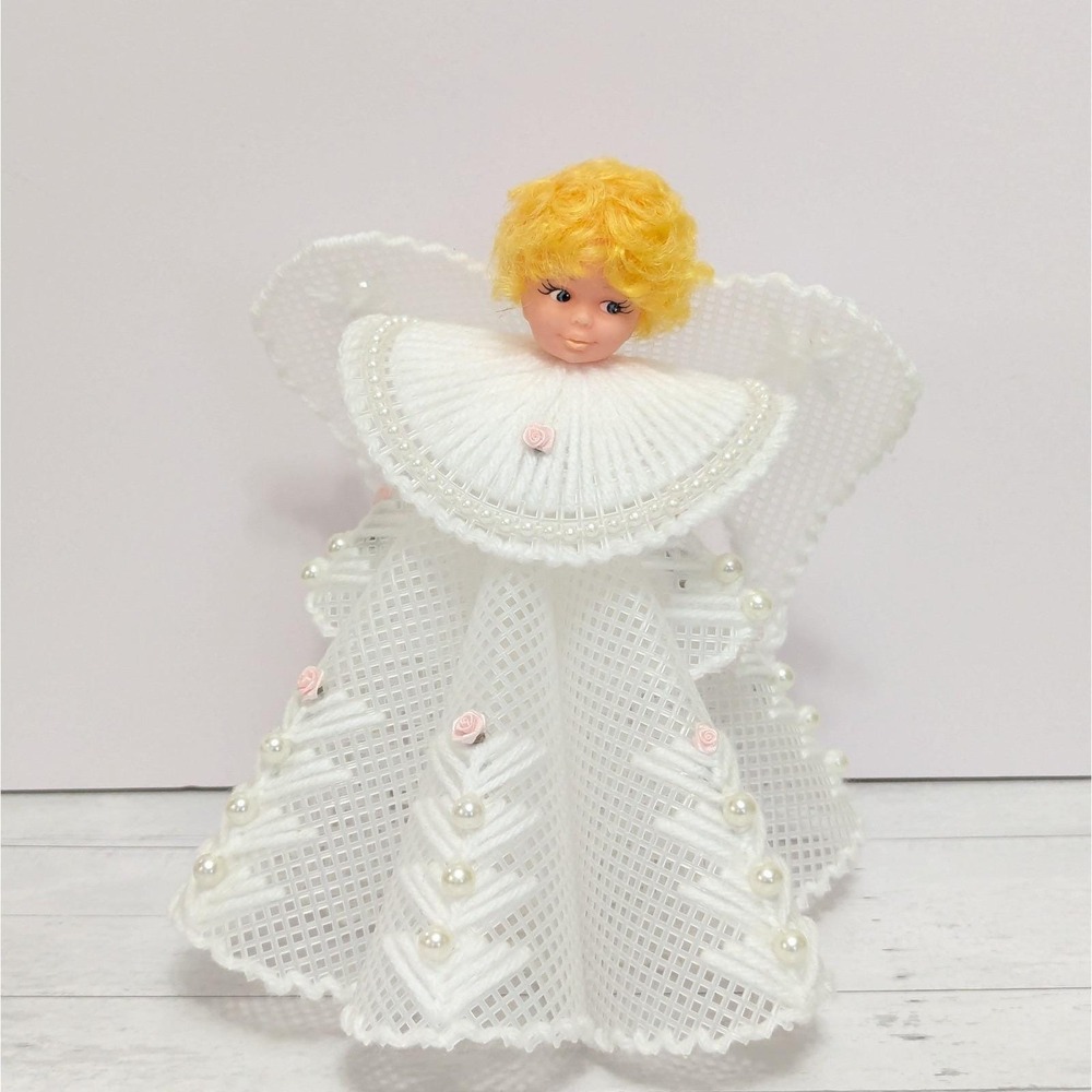 Vintage Christmas Angel Plastic Canvas Needlepoint Pearls Yarn 8" Tabletop Decor